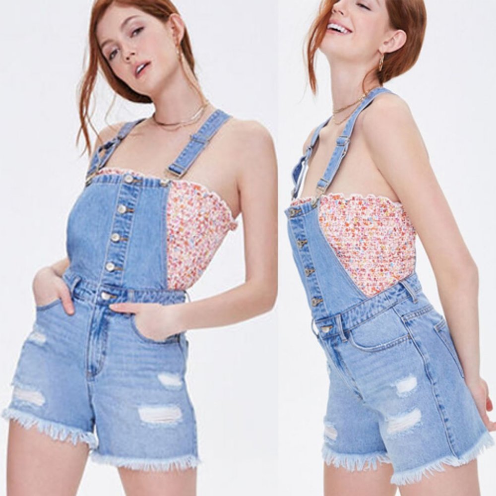 NEW High Waist Distressed Denim Overalls Shorts - Picture 5 of 10